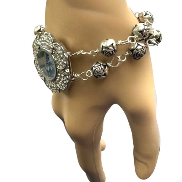 Upcycled  Vntg Rhinestone Watch w ith Danish Blue Willow China Icon Centerpiece - Picture 3 of 11